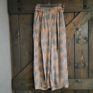 Blue loose wide pants floral w/ waist tie belt NWT S